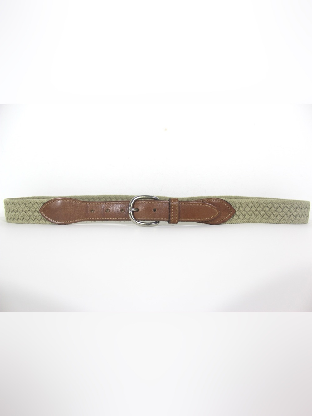 Tan Leather and Woven Braided Khaki Fabric Belt with Silver Buckle Mens Golf